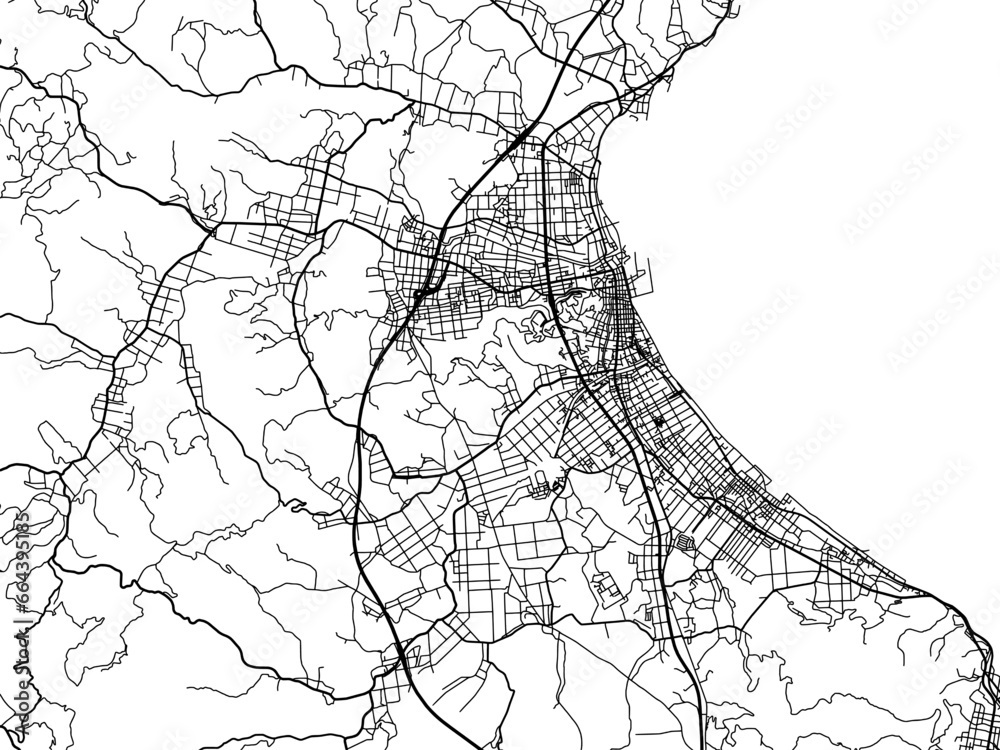 Naklejka premium Vector road map of the city of Himimachi in Japan with black roads on a white background. 4:3 aspect ratio.