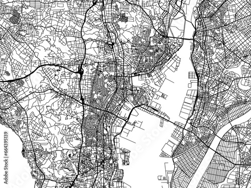 Vector road map of the city of  Handa in Japan with black roads on a white background. 4:3 aspect ratio.