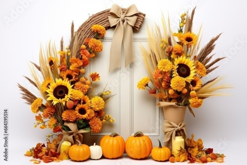 Beautiful door with autumn decoration with pumpkin candle, wheat ears and sunflowers and realistic bows, isolated on a white background . © aboutmomentsimages