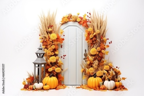 Beautiful door with autumn decoration with pumpkin candle  wheat ears and sunflowers and realistic bows  isolated on a white background .