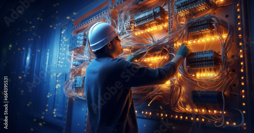 Power man electrician working electricity technician maintenance repairman engineer cabling equipment industrial