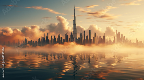 Dubai s tall skyscrapers are shrouded in fog in the early morning. Rare aerial view