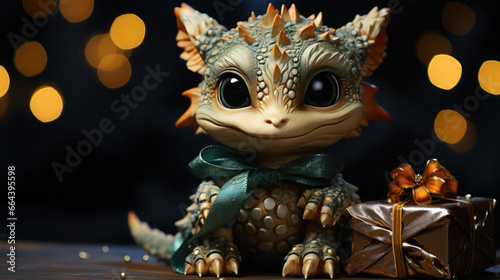 small cute baby dragon with a gift box on a background of lights, new year, symbol 2024, chinese calendar, christmas tree toy, eve, holiday, ribbon, bow, figurine, dinosaur, mythical animal, gold