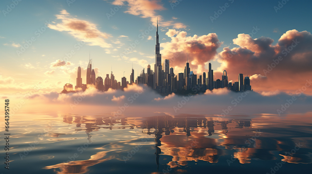 Naklejka premium Dubai's tall skyscrapers are shrouded in fog in the early morning. Rare aerial view