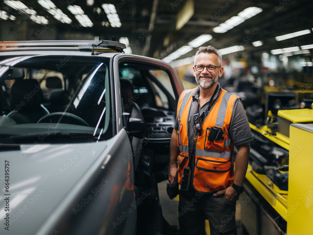 Old worker in orange vest standing in a factory, horizontal Old worker in orange vest standing in a factory, horizontal