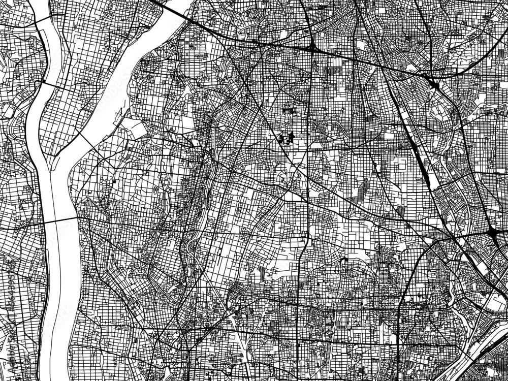 Fototapeta premium Vector road map of the city of Inazawa in Japan with black roads on a white background. 4:3 aspect ratio.