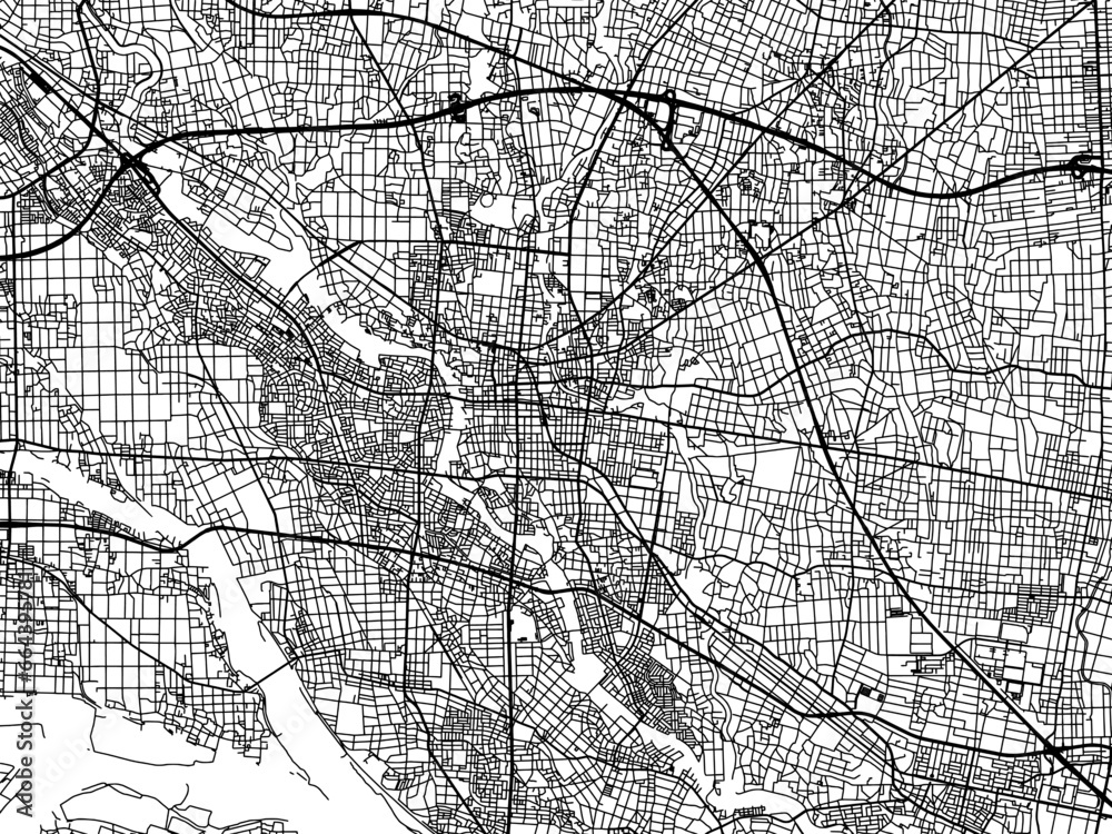 Fototapeta premium Vector road map of the city of Isesaki in Japan with black roads on a white background. 4:3 aspect ratio.