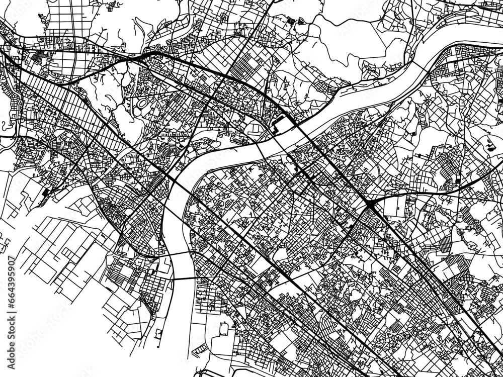 Fototapeta premium Vector road map of the city of Kakogawacho-honmachi in Japan with black roads on a white background. 4:3 aspect ratio.