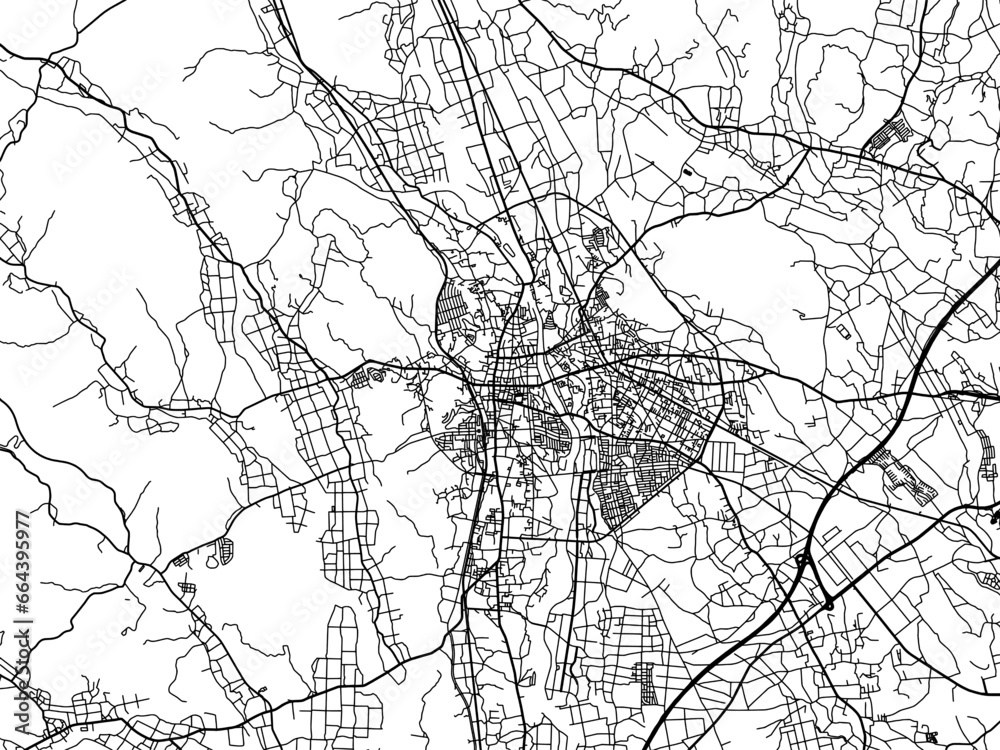 Vector road map of the city of  Kanuma in Japan with black roads on a white background. 4:3 aspect ratio.