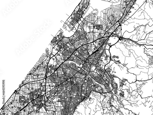 Vector road map of the city of Kanazawa in Japan with black roads on a white background. 4:3 aspect ratio.