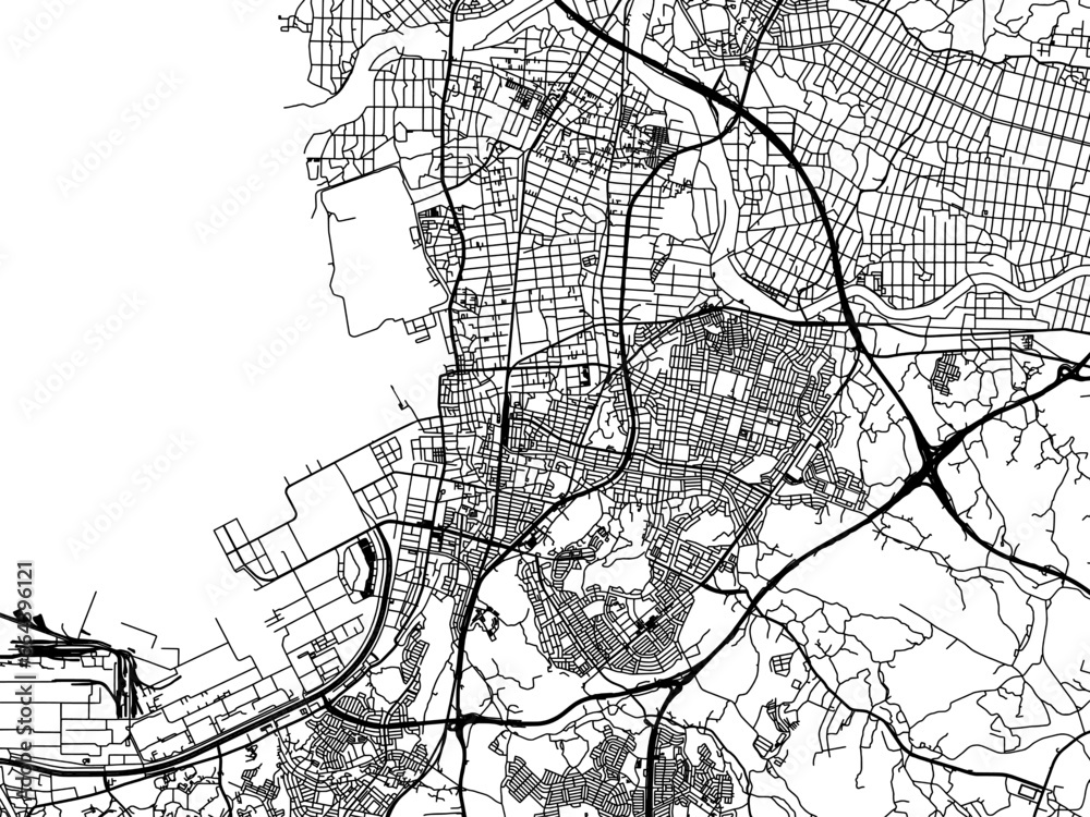 Fototapeta premium Vector road map of the city of Kisarazu in Japan with black roads on a white background. 4:3 aspect ratio.