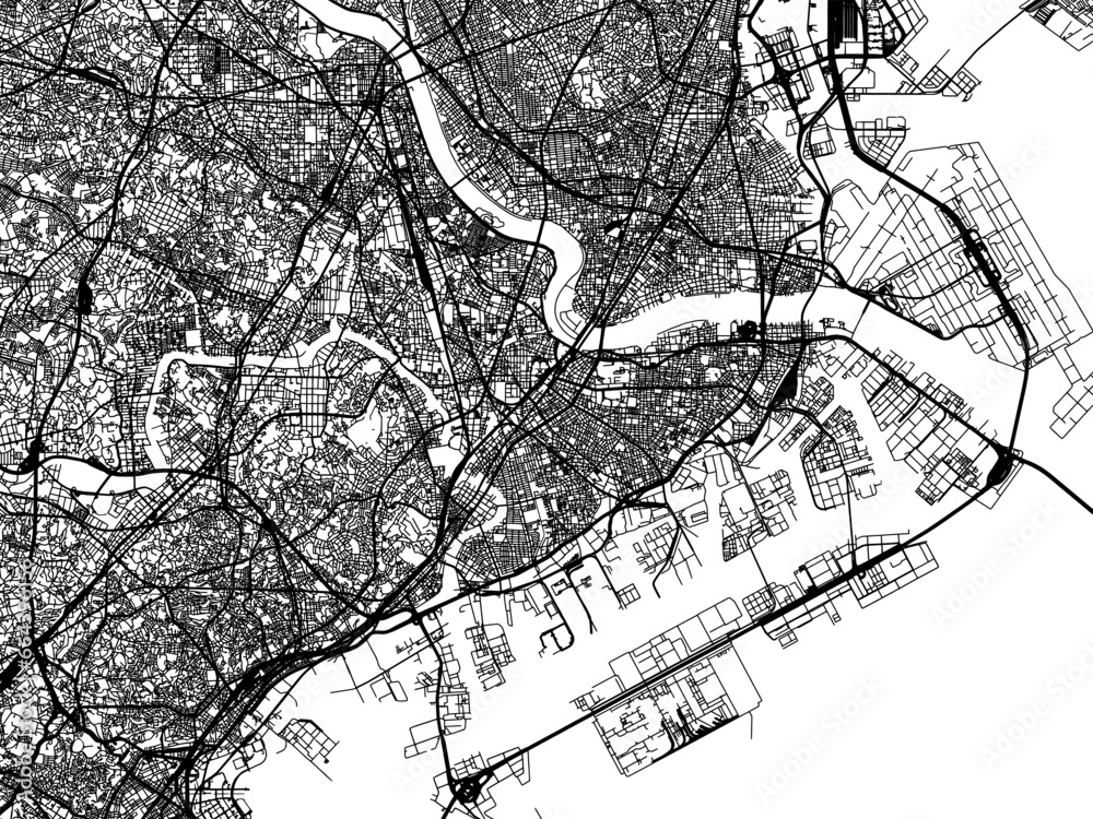 Naklejka premium Vector road map of the city of Kawasaki in Japan with black roads on a white background. 4:3 aspect ratio.