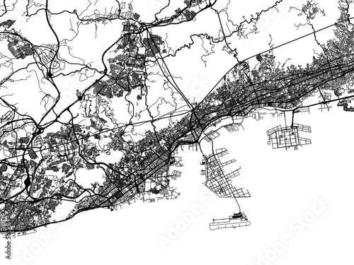 Vector road map of the city of Kobe in Japan with black roads on a white background. 4:3 aspect ratio.