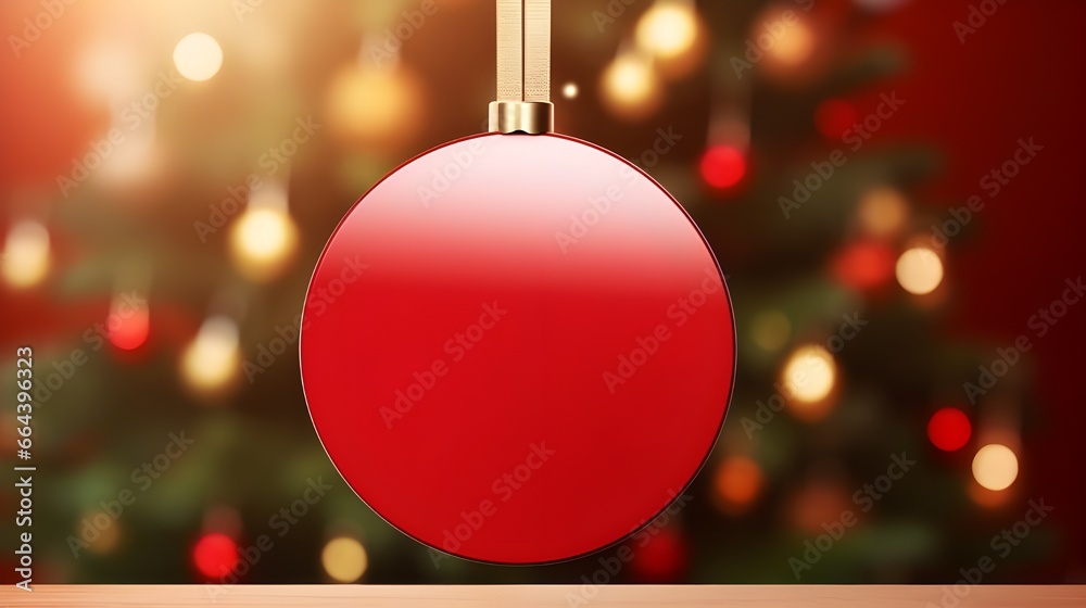 Fototapeta premium Red Christmas ornament hanging on tree with lights