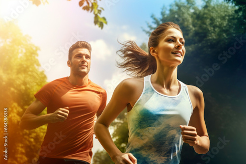 Couple running outdoor during workout on autumn day. Man and woman jogging in park. Active people. People while cardio training. Physical fitness. Cardio workout. Healthy lifestyle