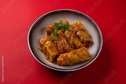 Cabbage Rolls, Stuffed with Meat. On a Red Background, in a Gray Plate.