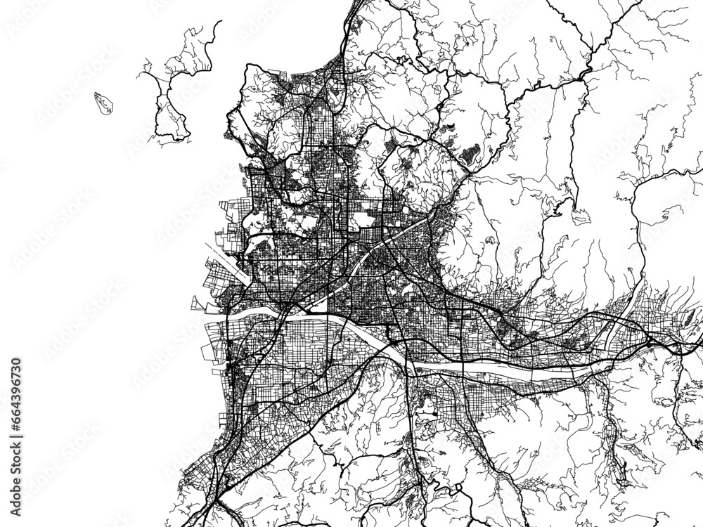 Obraz premium Vector road map of the city of Matsuyama in Japan with black roads on a white background. 4:3 aspect ratio.