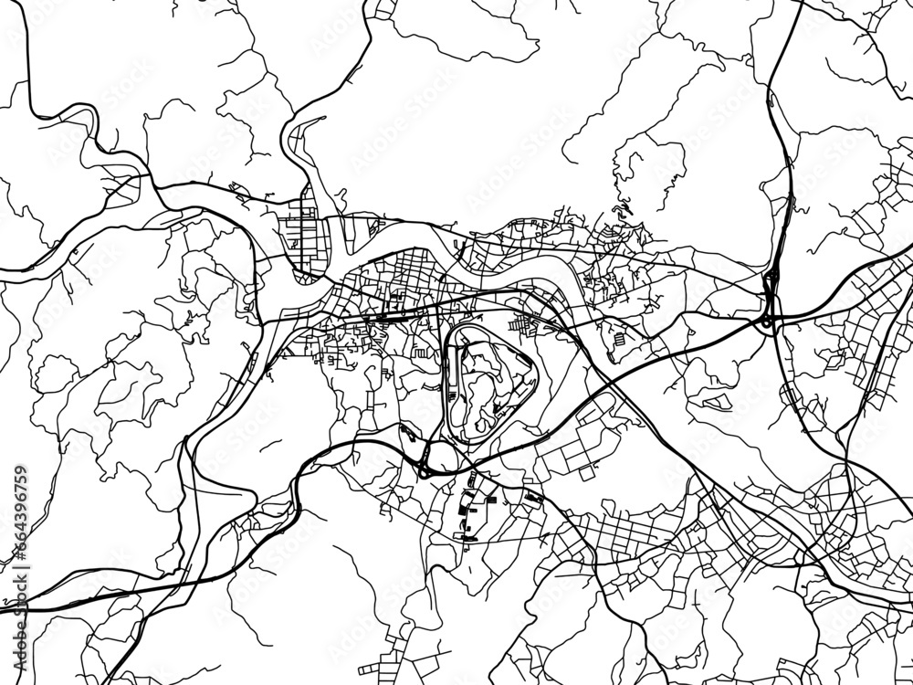 Vector road map of the city of  Miyoshi in Japan with black roads on a white background. 4:3 aspect ratio.