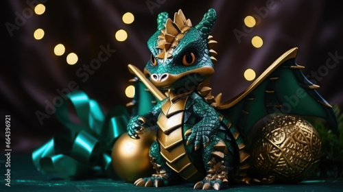 small cute baby dragon with a gift box on a background of lights, new year, symbol 2024, chinese calendar, christmas tree toy, eve, holiday, ribbon, bow, figurine, dinosaur, mythical animal, gold
