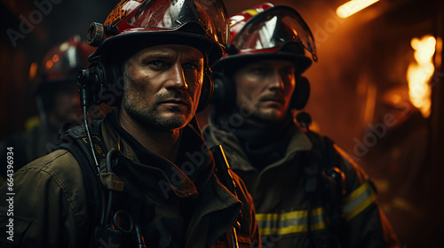 Two firefighters wearing work clothes and helmets in a fire station