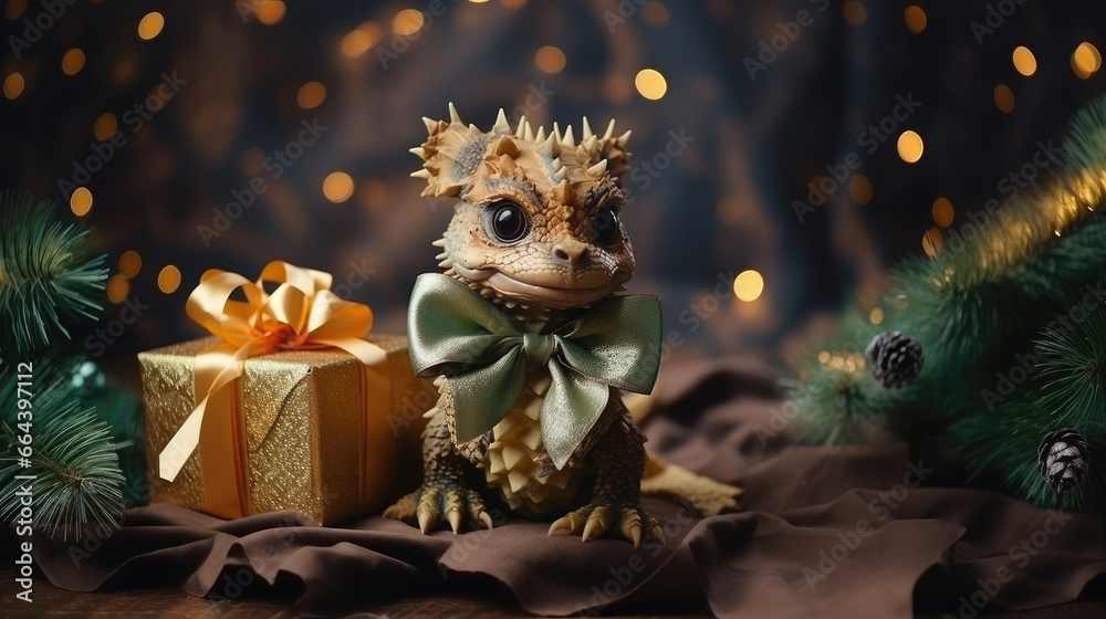 Fototapeta premium small cute baby dragon with a gift box on a background of lights, new year, symbol 2024, chinese calendar, christmas tree toy, eve, holiday, ribbon, bow, figurine, dinosaur, mythical animal, gold