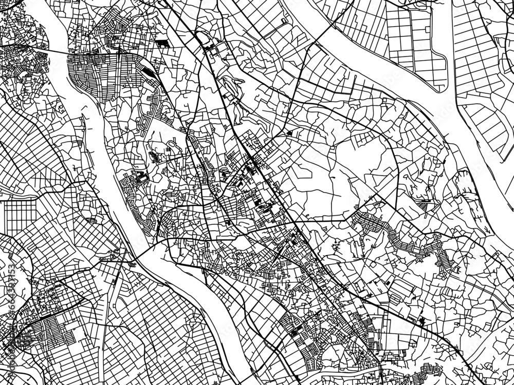 Naklejka premium Vector road map of the city of Noda in Japan with black roads on a white background. 4:3 aspect ratio.