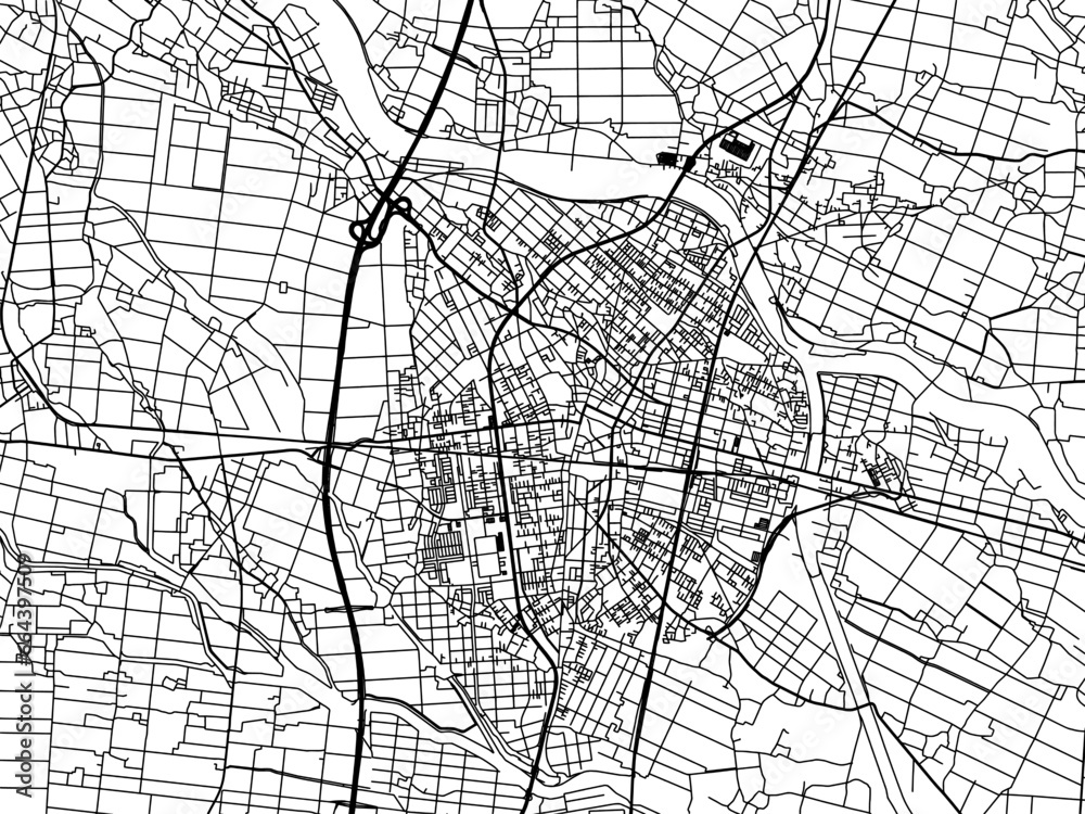 Vector road map of the city of  Osaki in Japan with black roads on a white background. 4:3 aspect ratio.