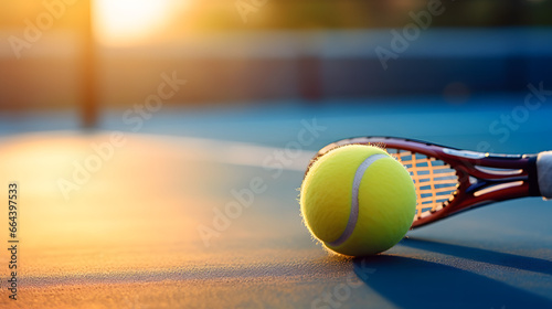 Tennis racket and the tennis ball under late evening sunlight on a blue tennis court with copy space. Tennis balls and racquet on blue court background. Space for text