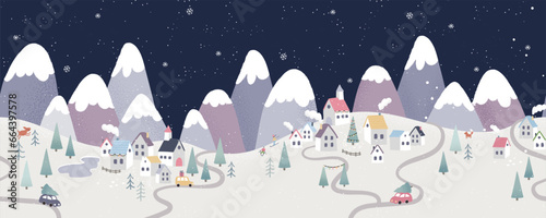 Lovely hand drawn winter landscape. Christmas banner. Cute houses in a snowy valley. Horizontal seamless landscape.