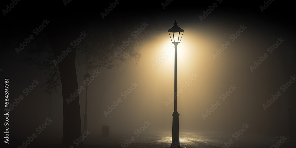 Obraz premium lamppost in misty forest at night