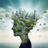 Double exposure of human head and modern cityscape.  Ecology concept, ai generative.
