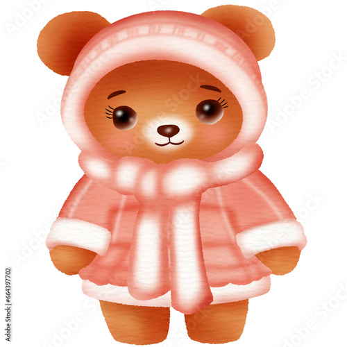 A cute teddy bear cartoon character wearing winter fashion clothes. Vector illustration drawing.