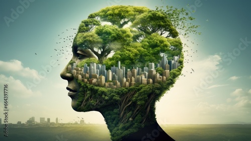 Human head with eco cityscape as a symbol of environmental conservation. Ecology concept, ai generative.  © mariof