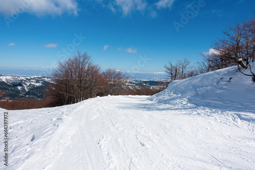 Breathtaking scenery on the snowy slopes of Vasilitsa ski center, Grevena, Greece © kokixx