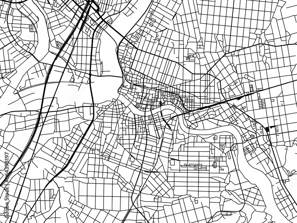 Vector road map of the city of  Sanjo in Japan with black roads on a white background. 4:3 aspect ratio.