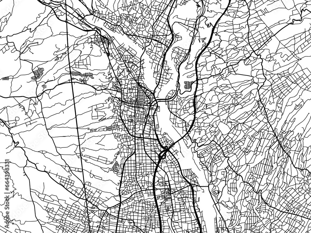 Obraz premium Vector road map of the city of Shibukawa in Japan with black roads on a white background. 4:3 aspect ratio.