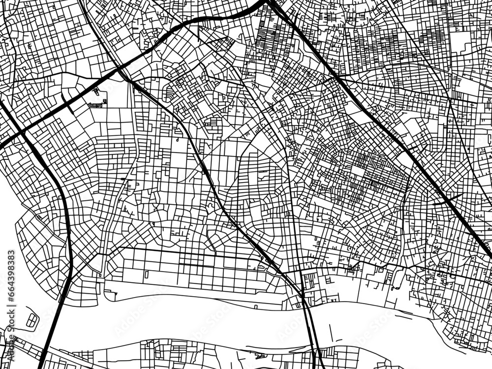 Naklejka premium Vector road map of the city of Shimotoda in Japan with black roads on a white background. 4:3 aspect ratio.