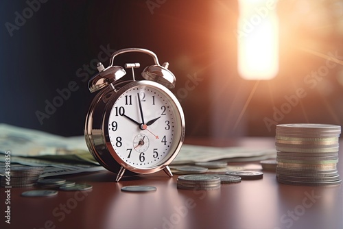 Retro alarm clock time is money concept.AI Generated photo