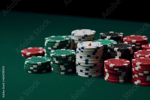 gambling, fortune, game and entertainment concept - close up of casino chips on green table surface.AI Generated