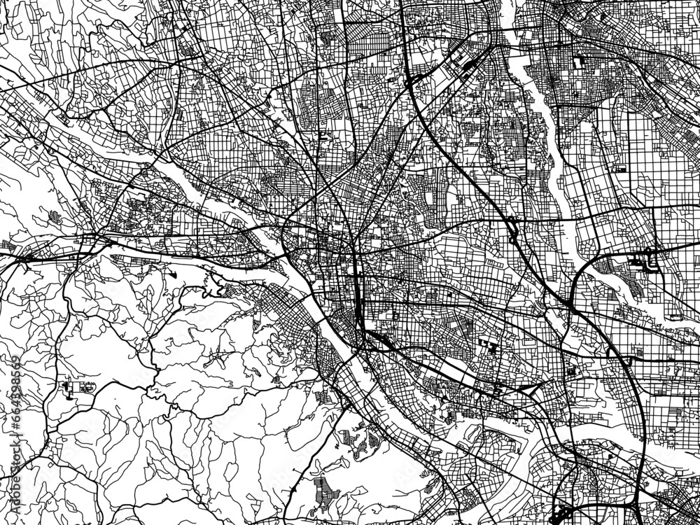 Obraz premium Vector road map of the city of Takasaki in Japan with black roads on a white background. 4:3 aspect ratio.