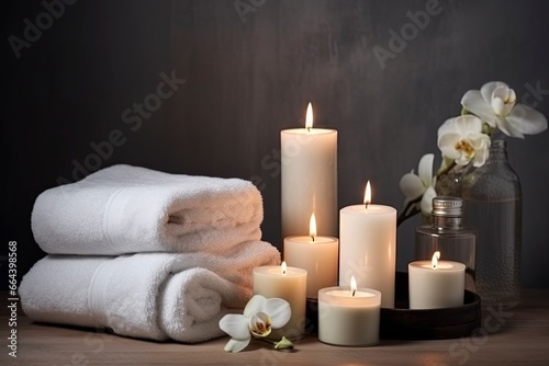 spa setting with candles and towels.AI Generated