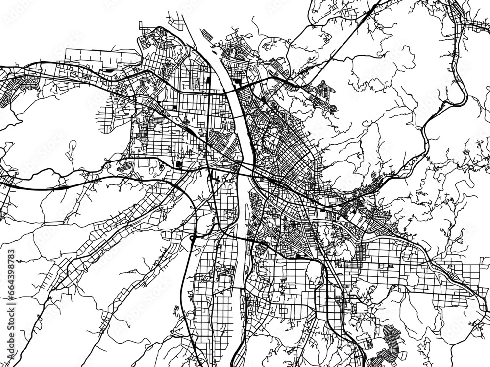 Fototapeta premium Vector road map of the city of Tottori in Japan with black roads on a white background. 4:3 aspect ratio.