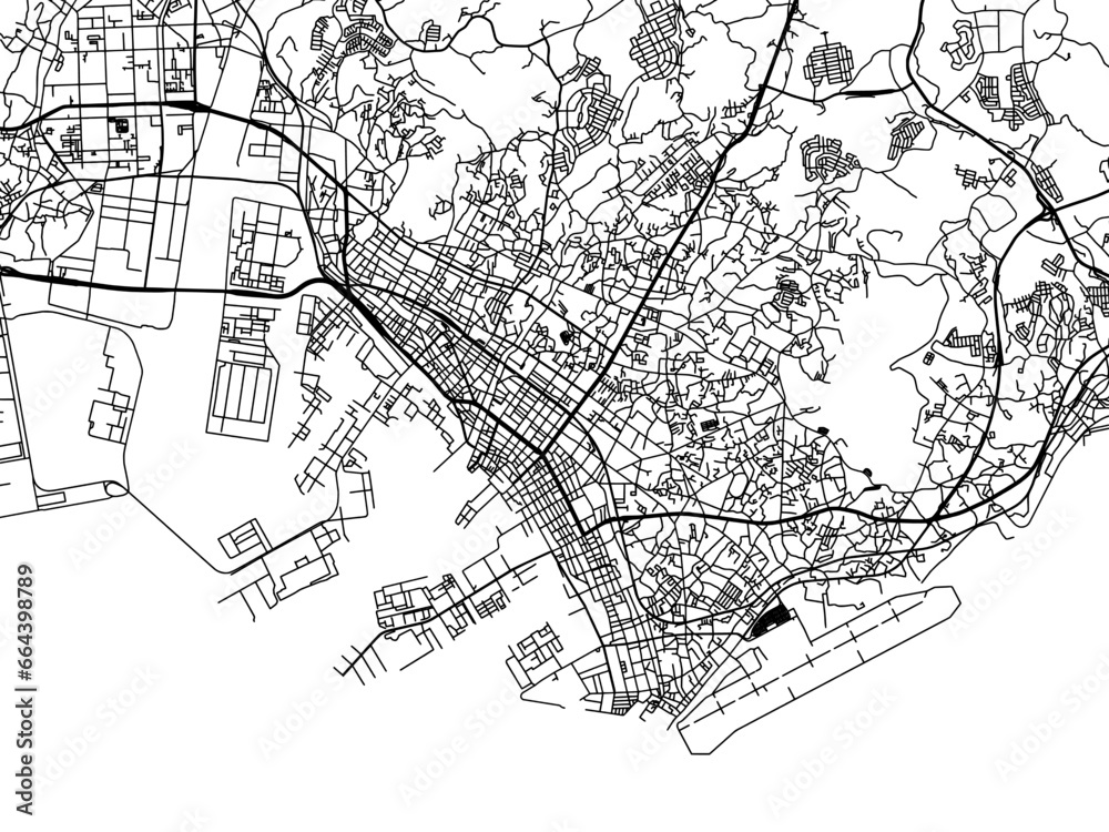 Vector road map of the city of  Ube in Japan with black roads on a white background. 4:3 aspect ratio.