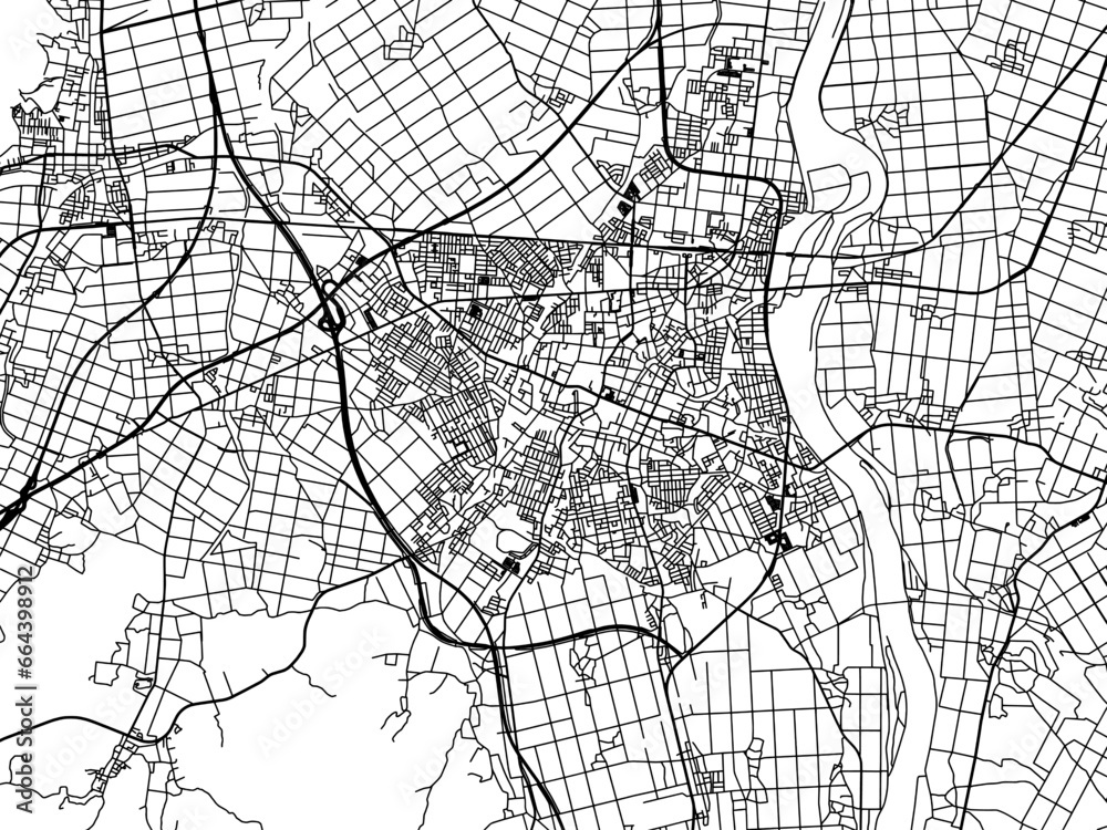 Vector road map of the city of  Tsuruoka in Japan with black roads on a white background. 4:3 aspect ratio.
