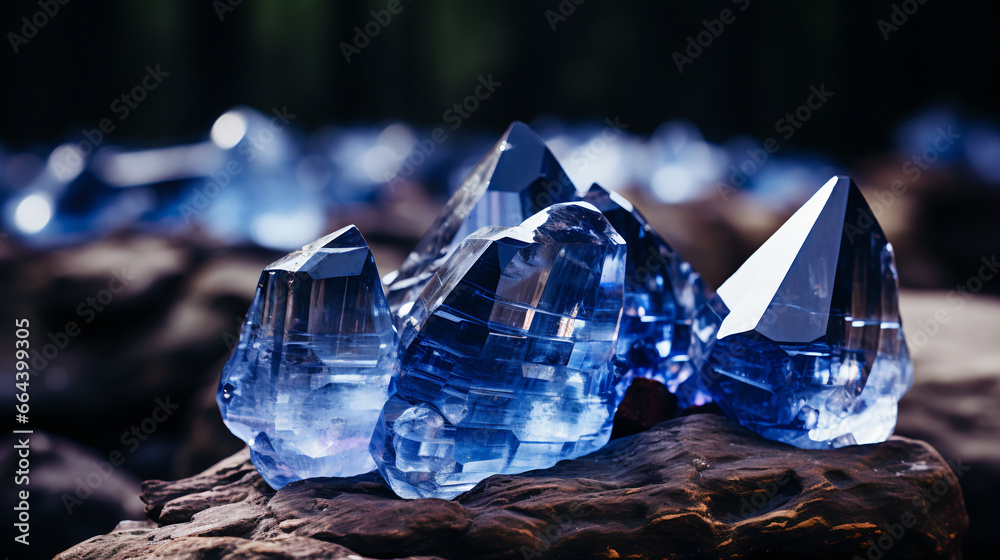 Obraz premium Background with blue crystals. Abstract background with bokeh effect. Blue glass crystals with reflections of light. AI generative