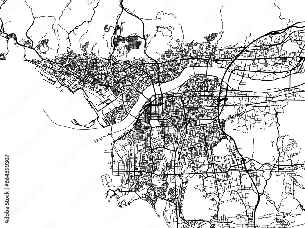 Fototapeta premium Vector road map of the city of Wakayama in Japan with black roads on a white background. 4:3 aspect ratio.