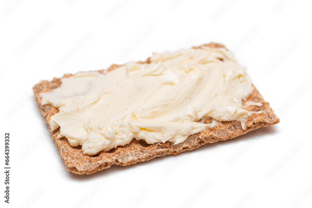 Whole Grain Crispbread with Cream Cheese - Isolated on White. Quick and Healthy Sandwiches. Healthy Dietary Snack - Isolation Whole Grain Crispbread with Cream Cheese - Isolated on White. Quick and Healthy Sandwiches. Healthy Dietary Snack - Isolation