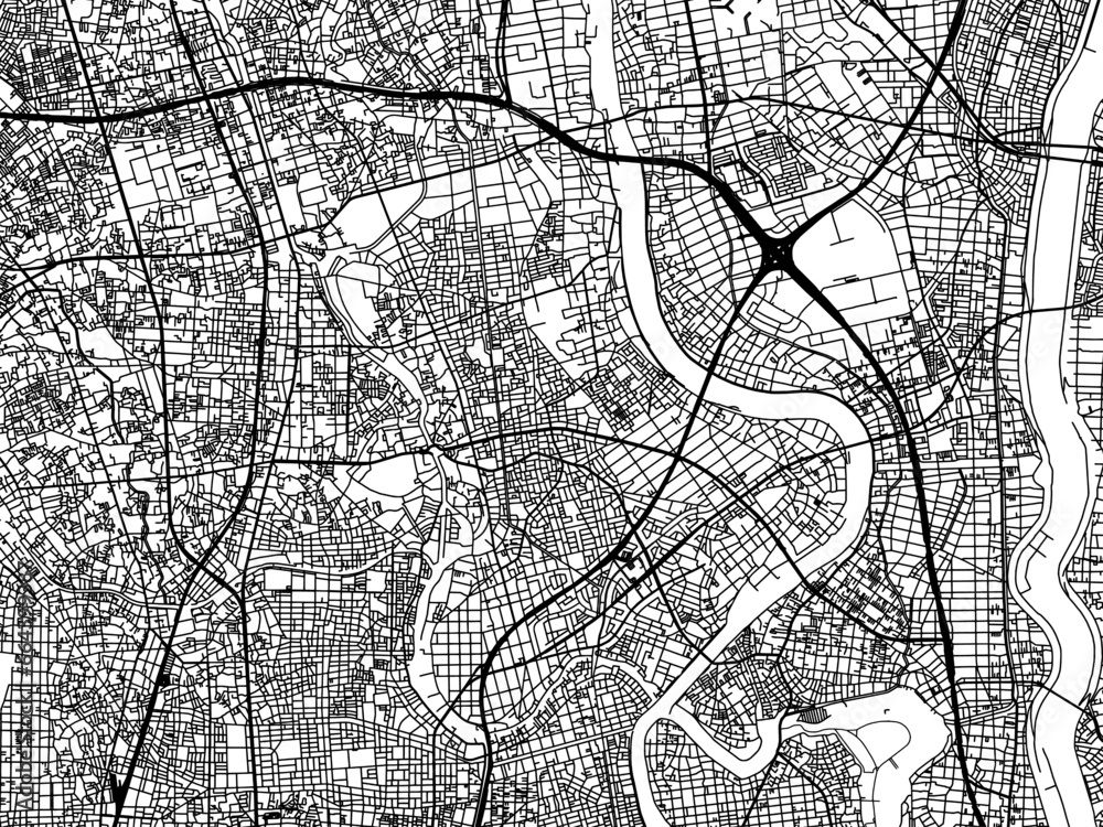 Naklejka premium Vector road map of the city of Yashio in Japan with black roads on a white background. 4:3 aspect ratio.