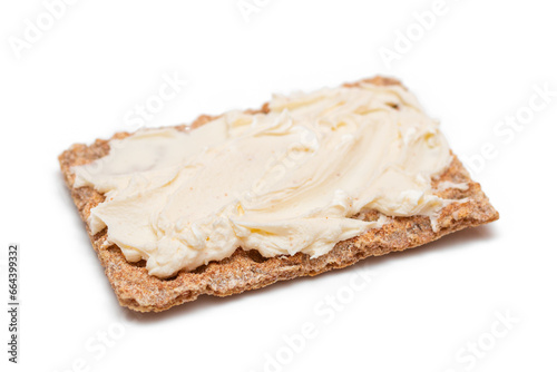 Whole Grain Crispbread with Cream Cheese - Isolated on White. Quick and Healthy Sandwiches. Healthy Dietary Snack - Isolation