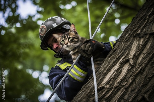 Firefighter saves cat from tree.AI Generated